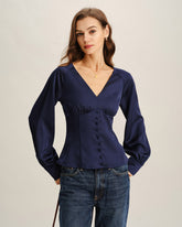 Navy Satin V Neck Ruched Blouse | Rihoas