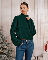 Green Mock Neck Lantern Sleeve Sweater | Rihoas