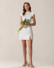 White Mandarin Collar Jacquard Mini Dress | Rihoas