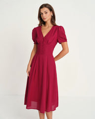 Red V Neck Midi Dress | Rihoas