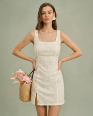 Beige Sequins Floral Mini Dress | Rihoas