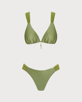 Green V Neck Textured Bikini Set | Rihoas