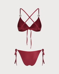 Red V Neck Triangle Drawstring Bikini Set | Rihoas