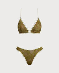 Green Floral Tie-back Triangle Bikini Set | Rihoas