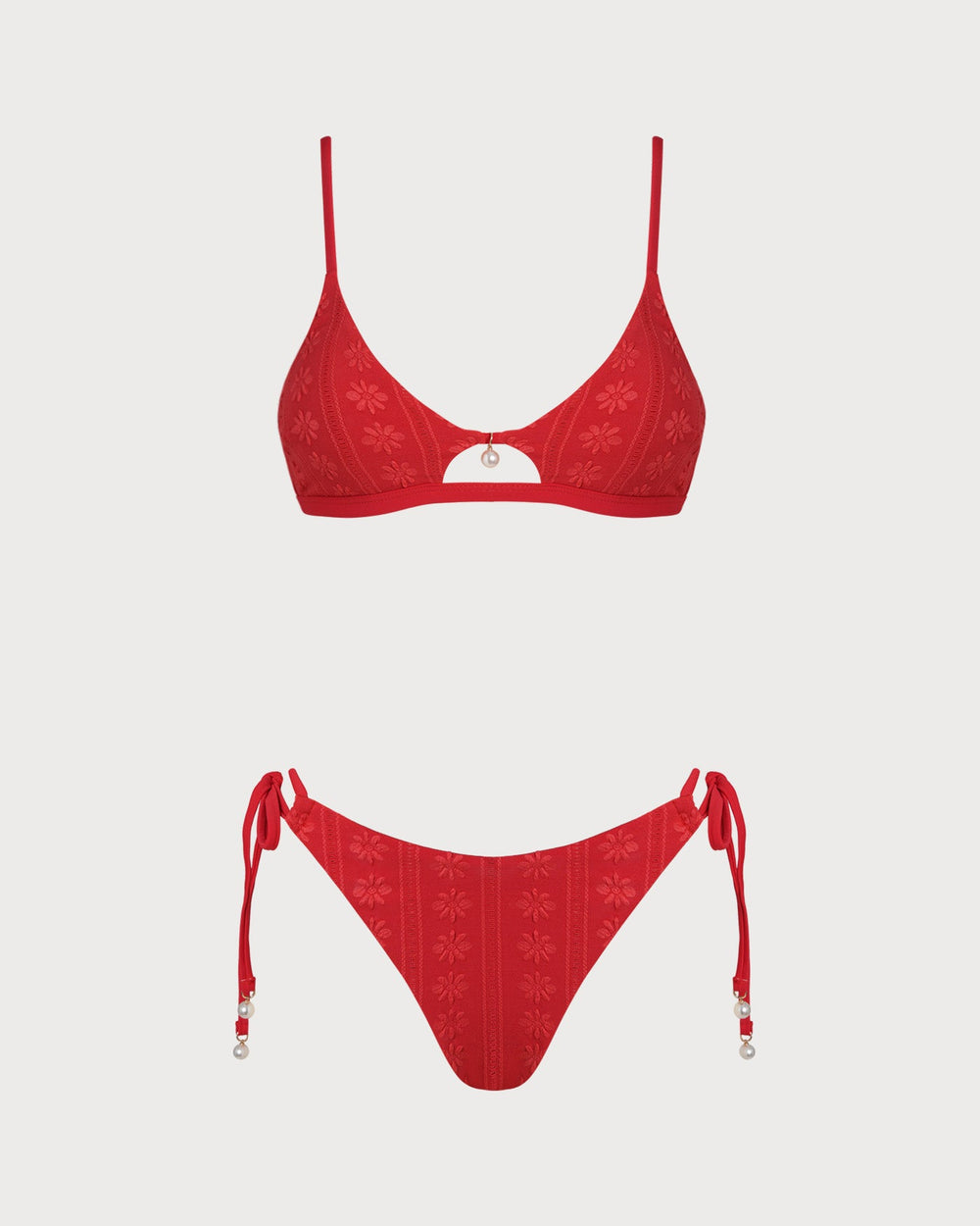 Red U Neck Textured Bikini Set | Rihoas