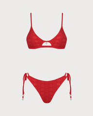 Red U Neck Textured Bikini Set | Rihoas