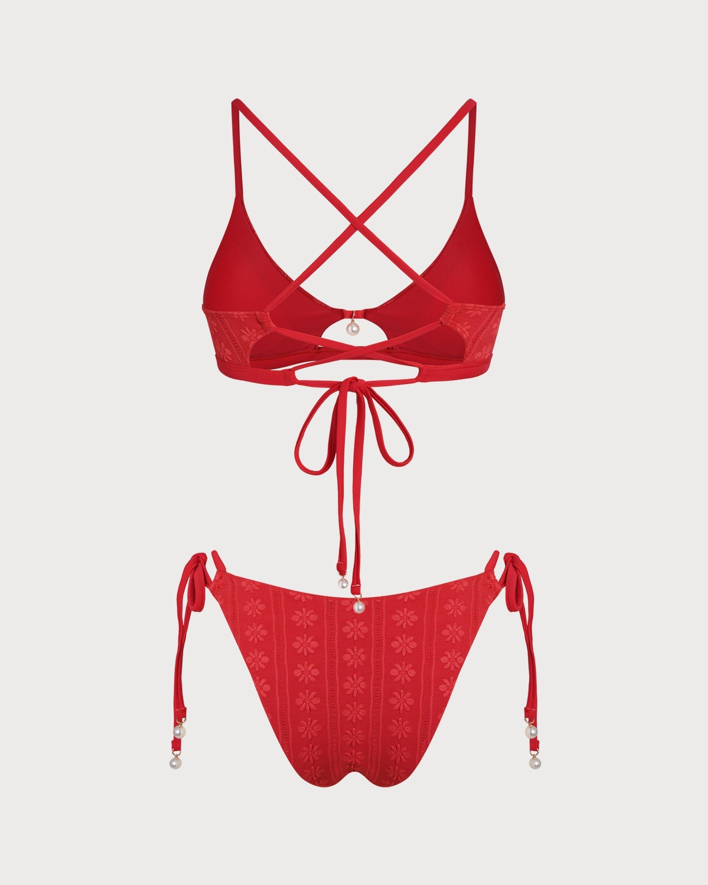Red U Neck Textured Bikini Set | Rihoas
