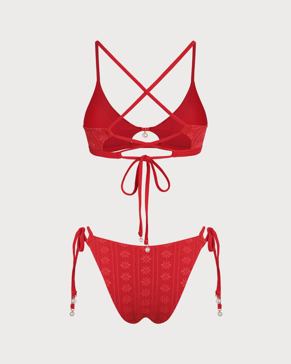 Red U Neck Textured Bikini Set | Rihoas