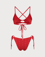 Red U Neck Textured Bikini Set | Rihoas