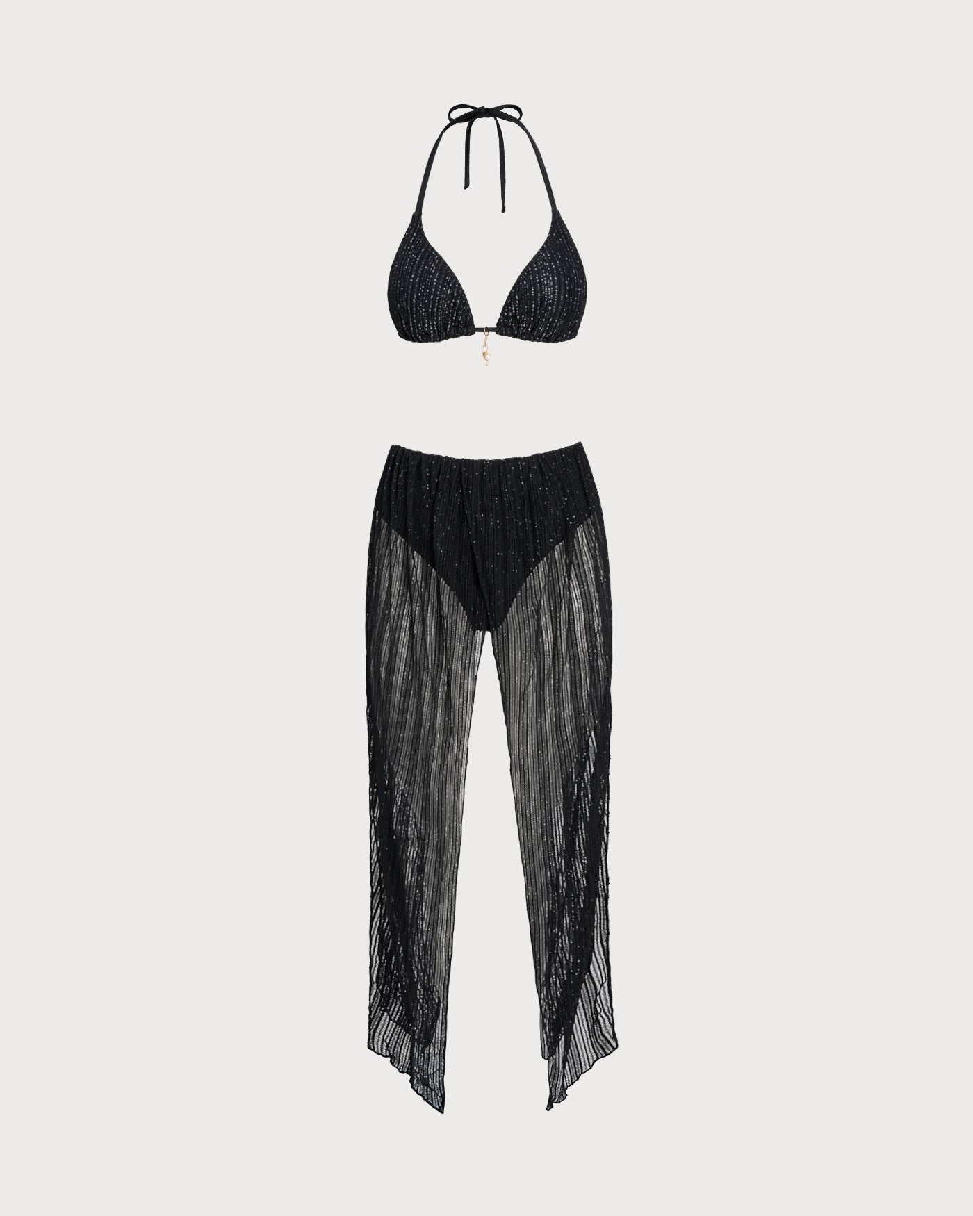 Black Halter Drawstring Triangle Bikini Set | Rihoas