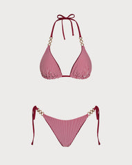 Red Halter Drawstring Reversible Bikini Set | Rihoas