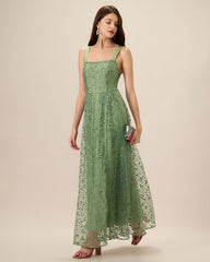 Women's Green Embroidery Mesh Slip Maxi Dress | Rihoas