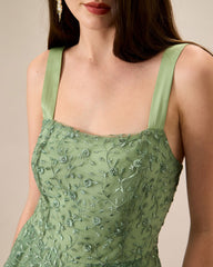 Women's Green Embroidery Mesh Slip Maxi Dress | Rihoas