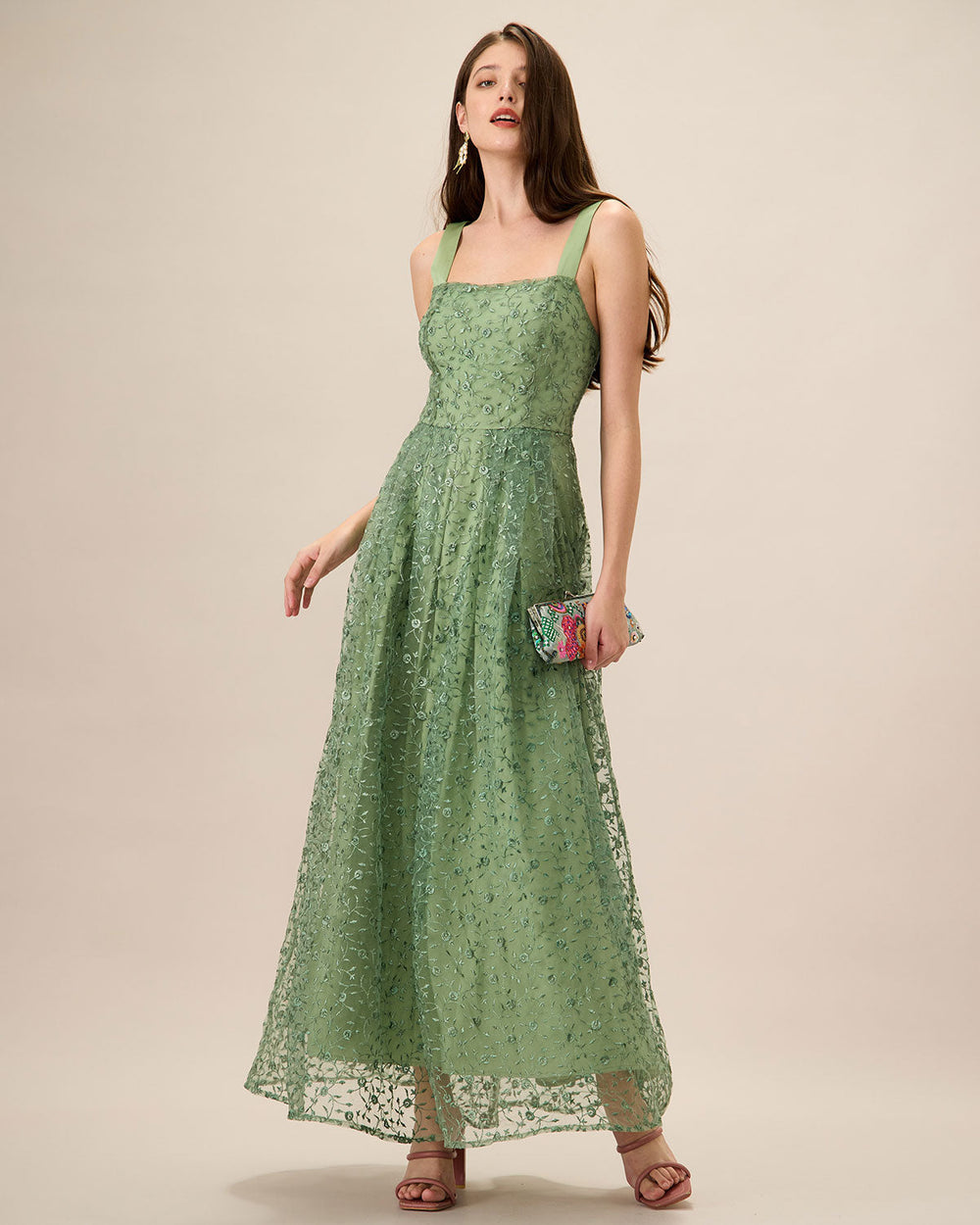 Women's Green Embroidery Mesh Slip Maxi Dress | Rihoas