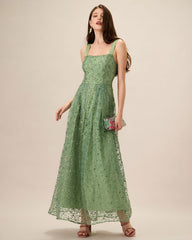 Women's Green Embroidery Mesh Slip Maxi Dress | Rihoas