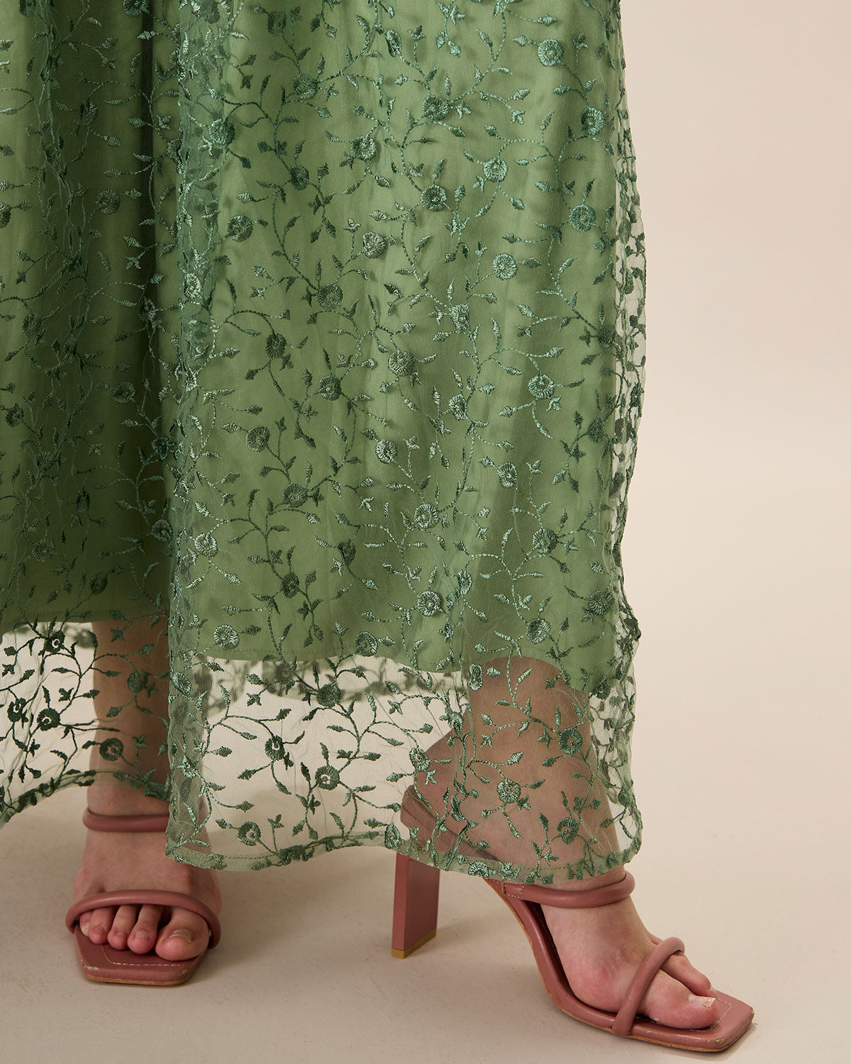 Women's Green Embroidery Mesh Slip Maxi Dress | Rihoas