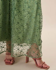 Women's Green Embroidery Mesh Slip Maxi Dress | Rihoas