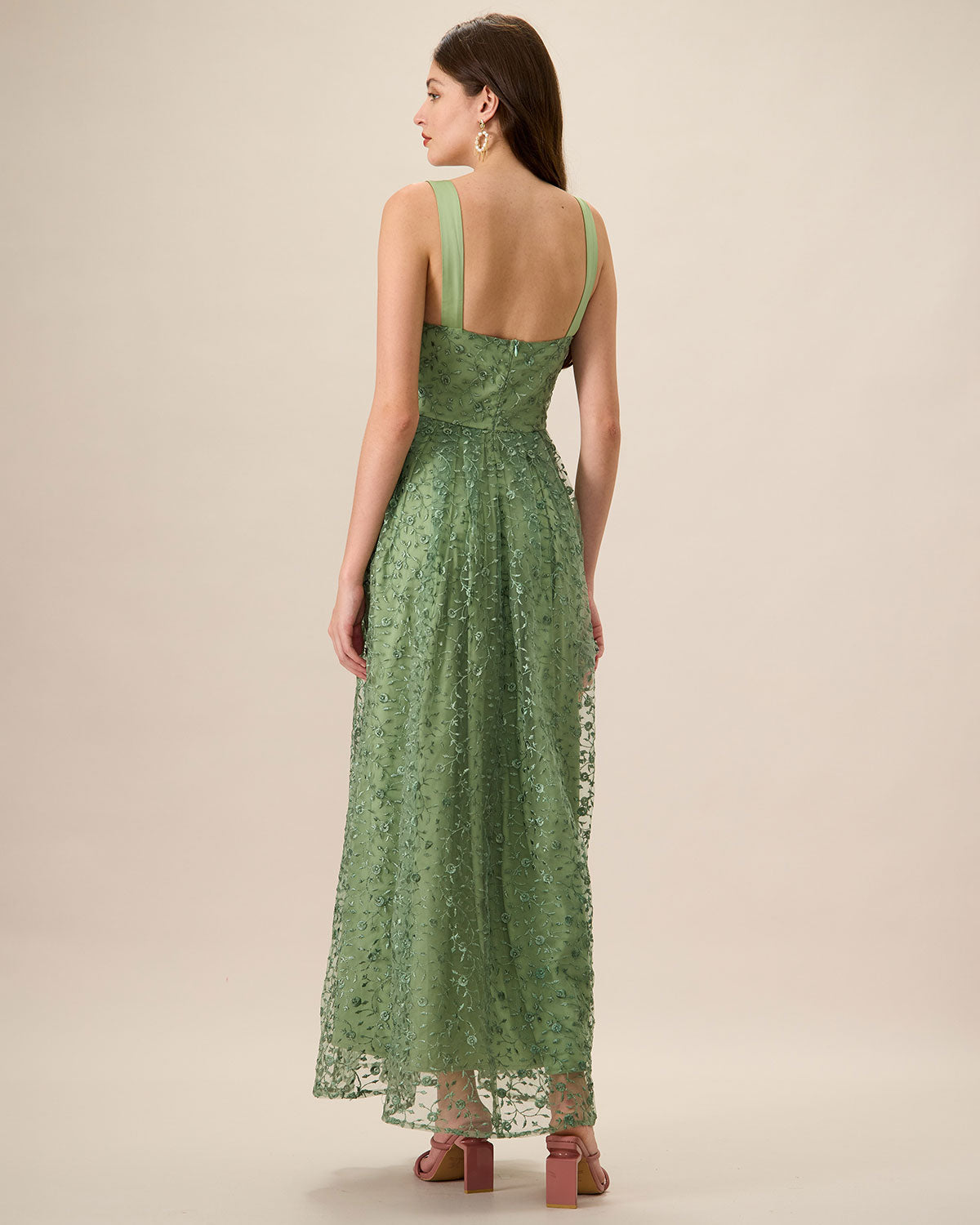 Women's Green Embroidery Mesh Slip Maxi Dress | Rihoas