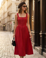 Red Square Neck Midi Dress | Rihoas