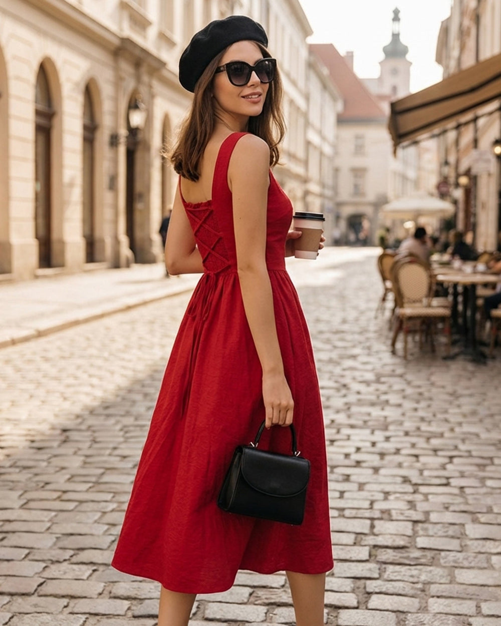 Red Square Neck Midi Dress | Rihoas