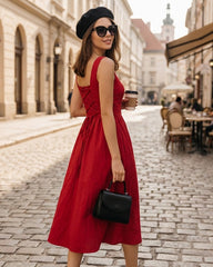 Red Square Neck Midi Dress | Rihoas