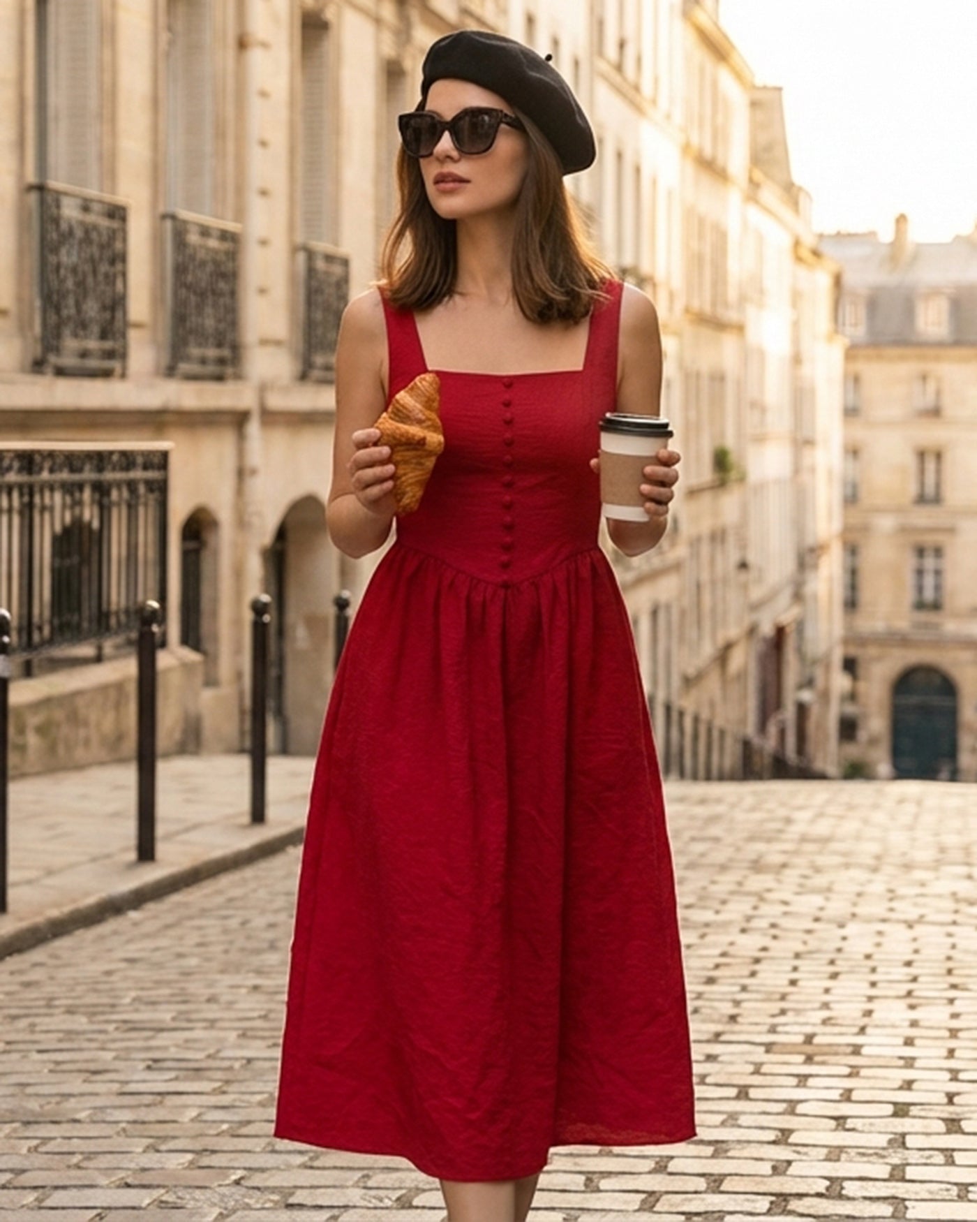 Red Square Neck Midi Dress | Rihoas
