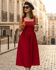 Red Square Neck Midi Dress | Rihoas