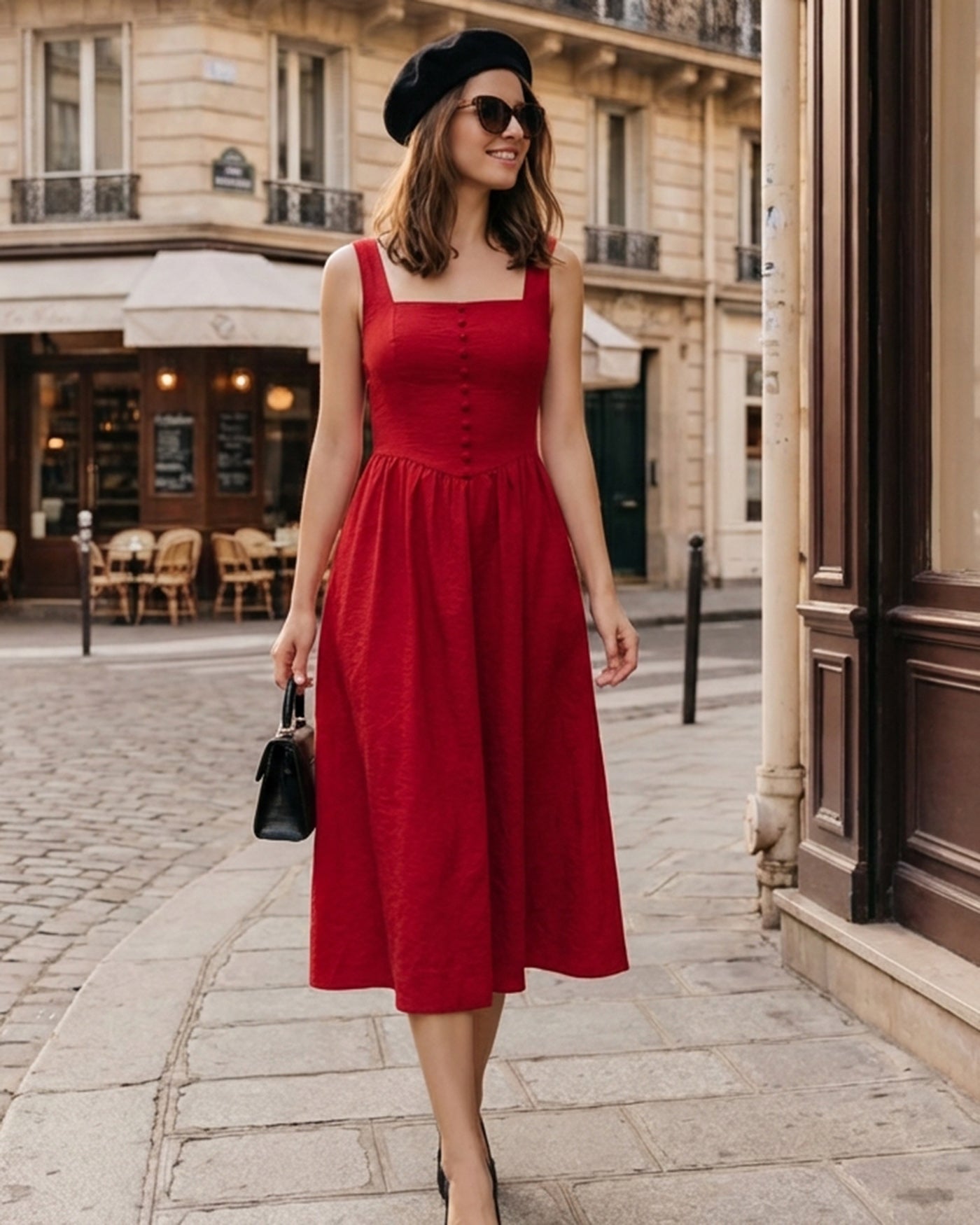 Red Square Neck Midi Dress | Rihoas