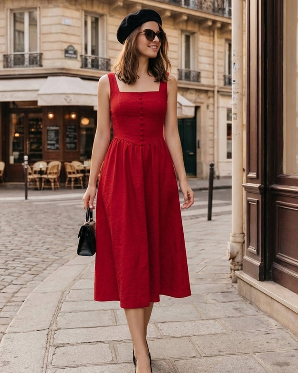 Red Square Neck Midi Dress | Rihoas