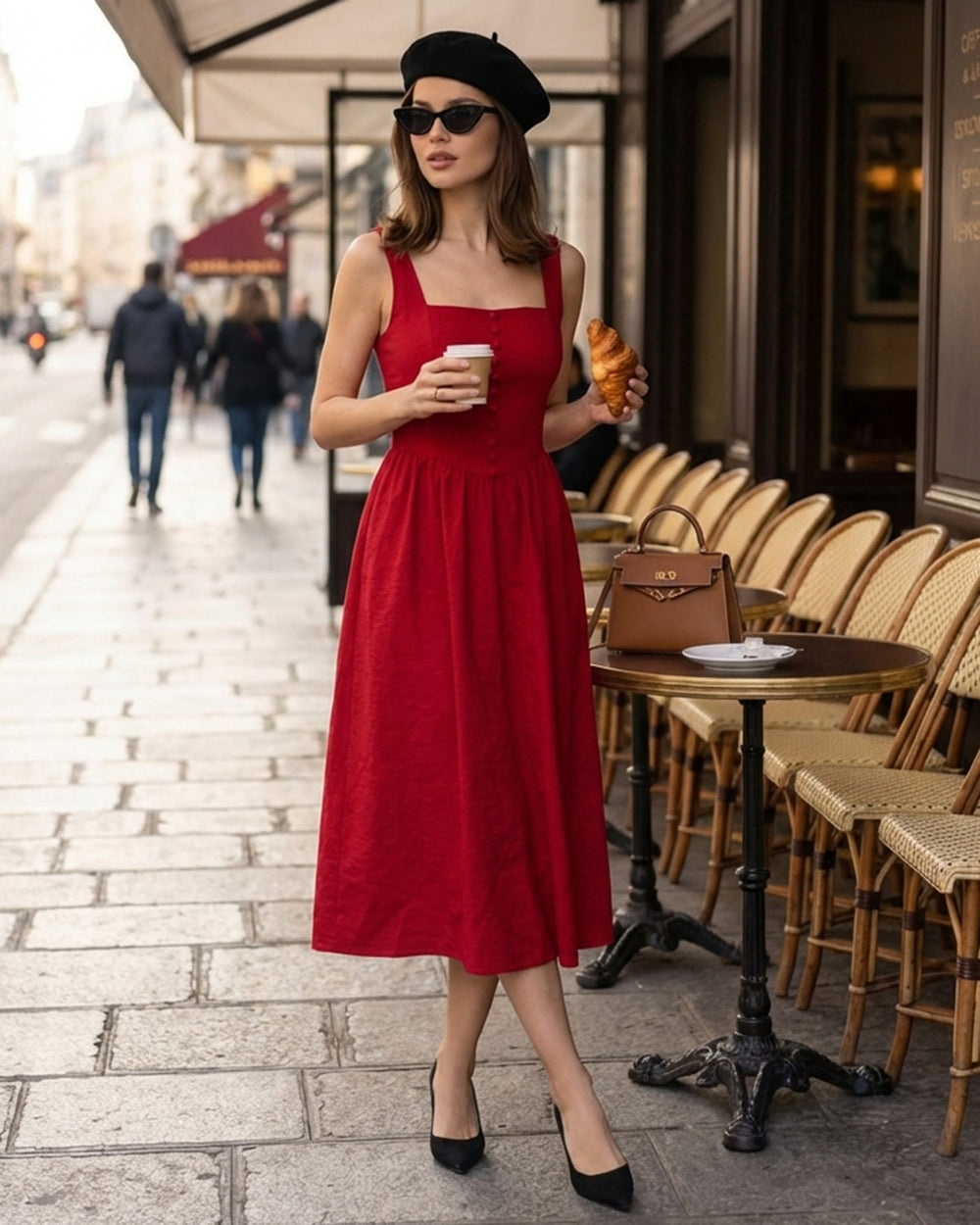 Red Square Neck Midi Dress | Rihoas