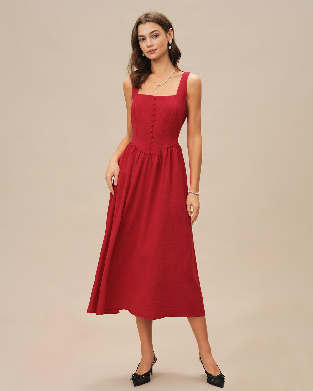 Red Square Neck Midi Dress | Rihoas
