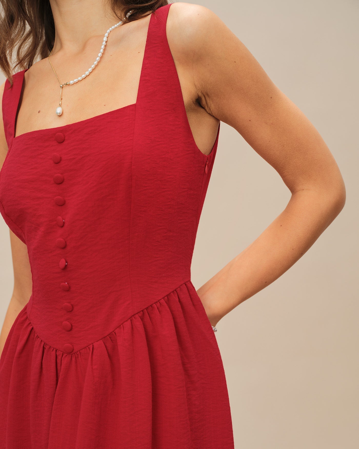 Red Square Neck Midi Dress | Rihoas