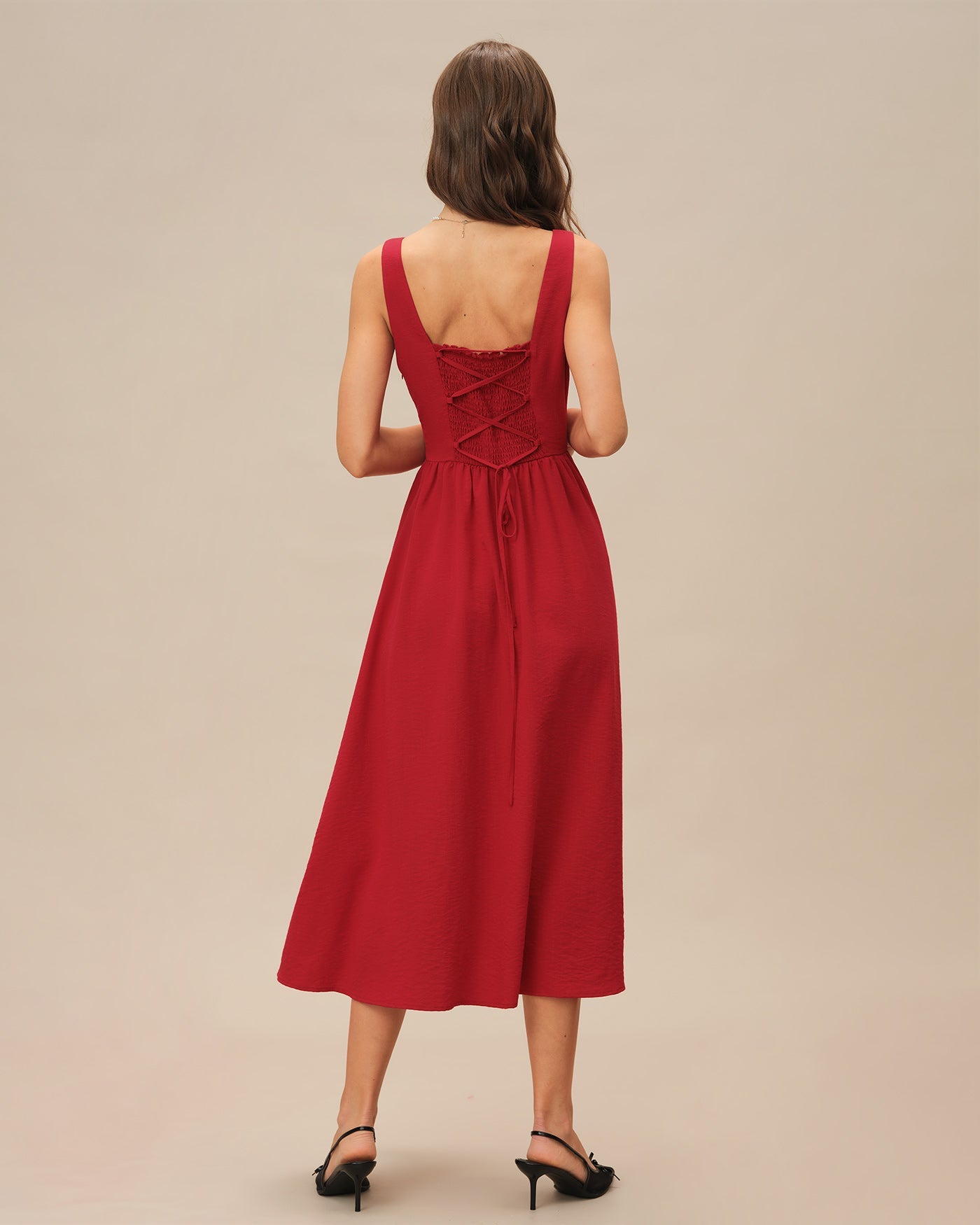 Red Square Neck Midi Dress | Rihoas