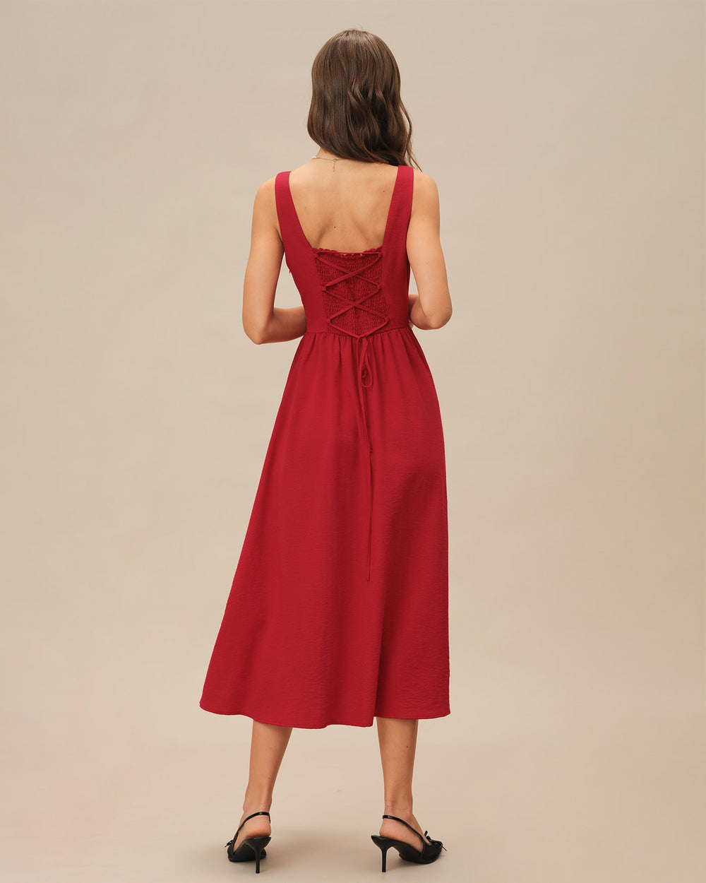 Red Square Neck Midi Dress | Rihoas