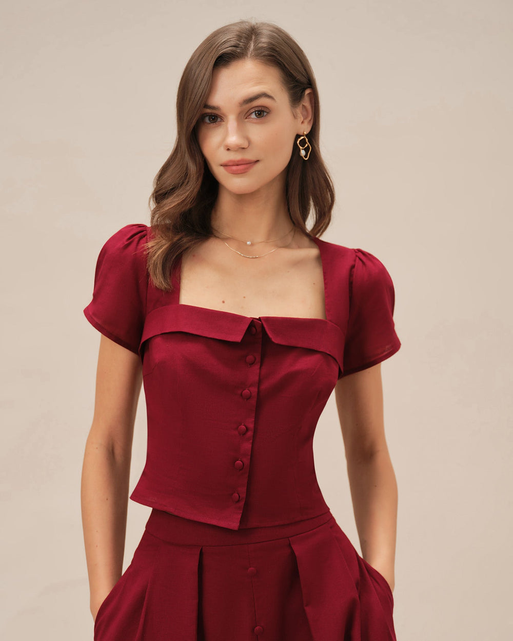 Red Square Neck X Cross Tie Blouse | Rihoas