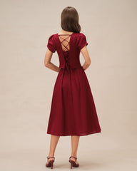 Red Square Neck X Cross Tie Blouse | Rihoas