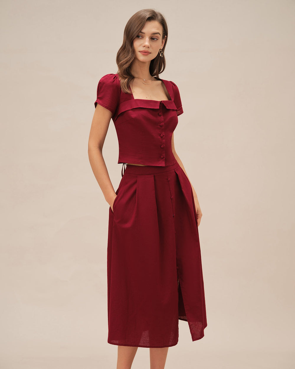 Red Square Neck X Cross Tie Blouse | Rihoas