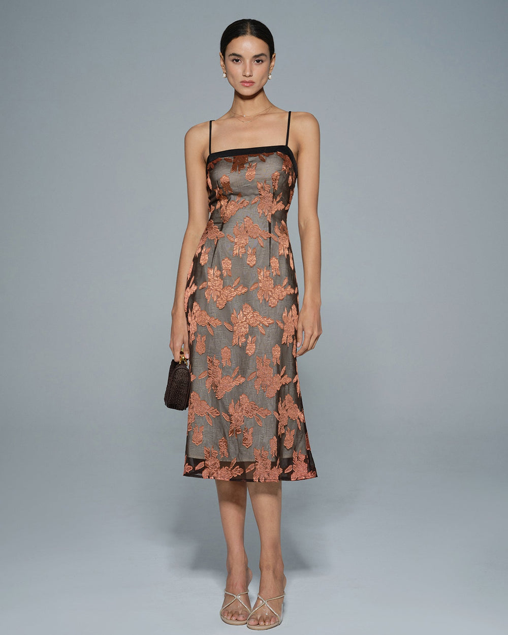 Caramel Floral Slip Midi Dress | Rihoas