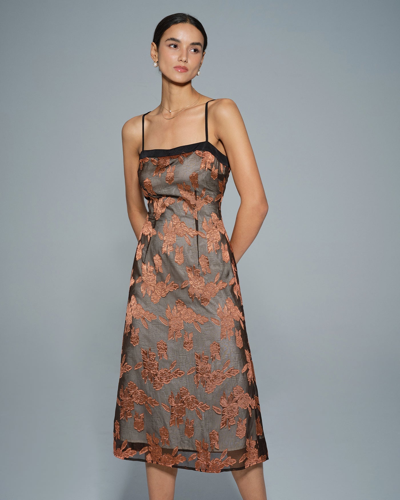 Caramel Floral Slip Midi Dress | Rihoas