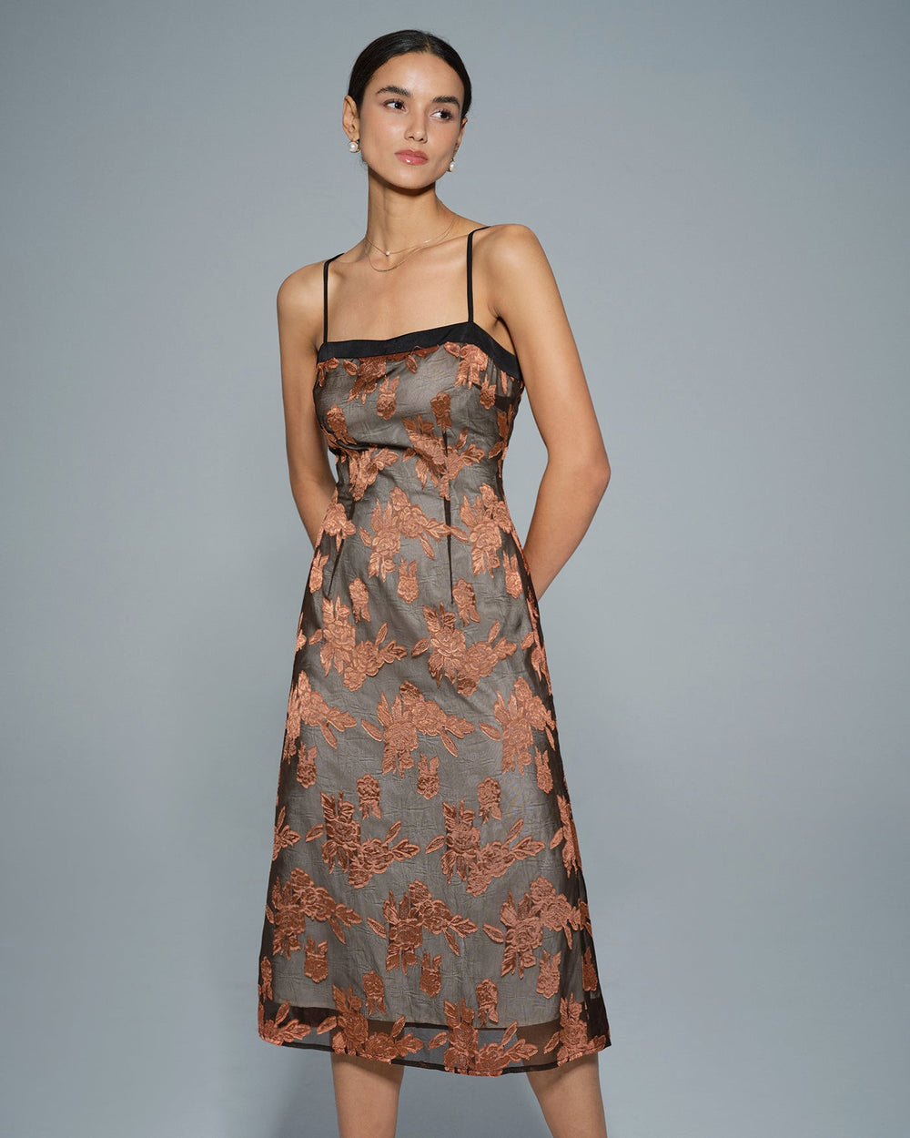 Caramel Floral Slip Midi Dress | Rihoas