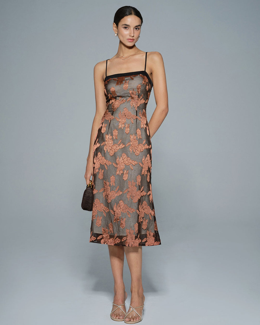 Caramel Floral Slip Midi Dress | Rihoas
