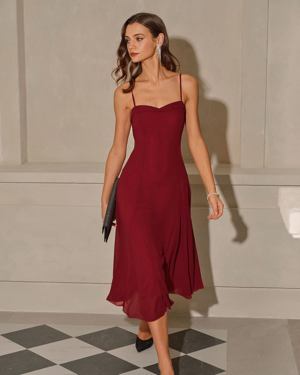 Red A-Line Corset Slip Midi Dress | Rihoas
