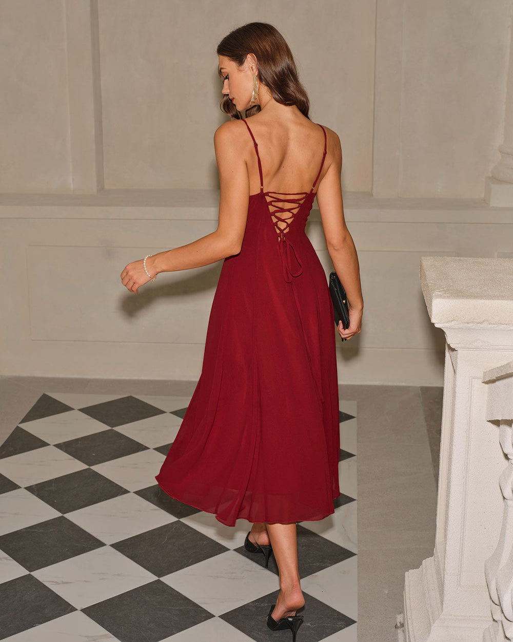 Red A-Line Corset Slip Midi Dress | Rihoas