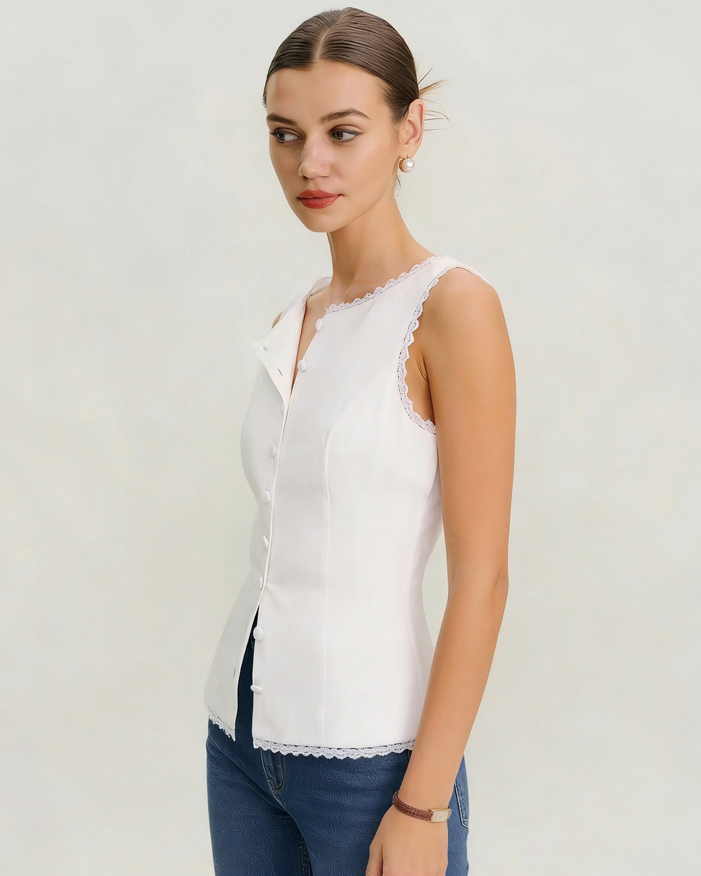 White Boat Neck Lace Vest | Rihoas