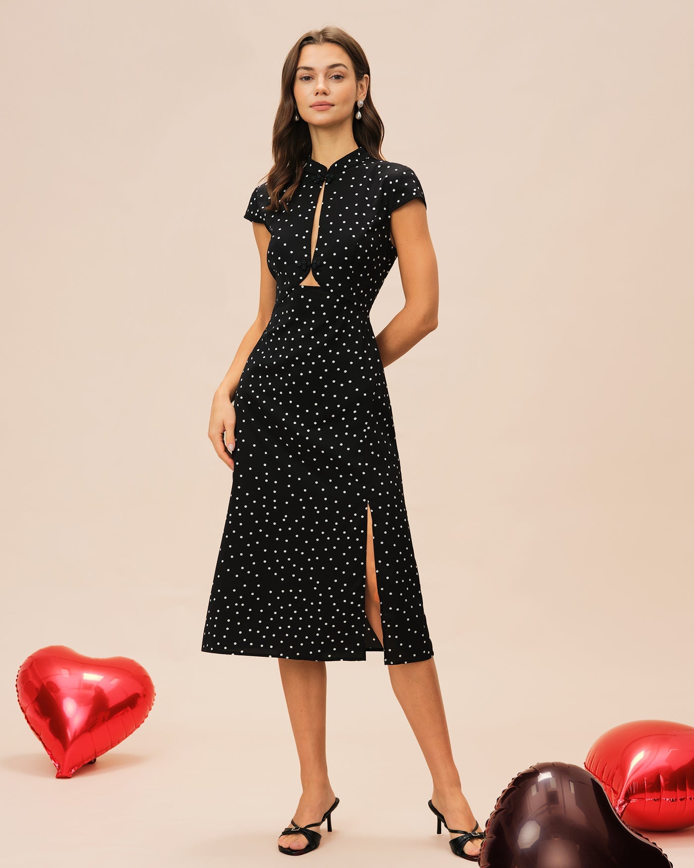 Black Mandarin Collar Polka Dot Midi Dress | Rihoas