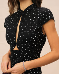 Black Mandarin Collar Polka Dot Midi Dress | Rihoas