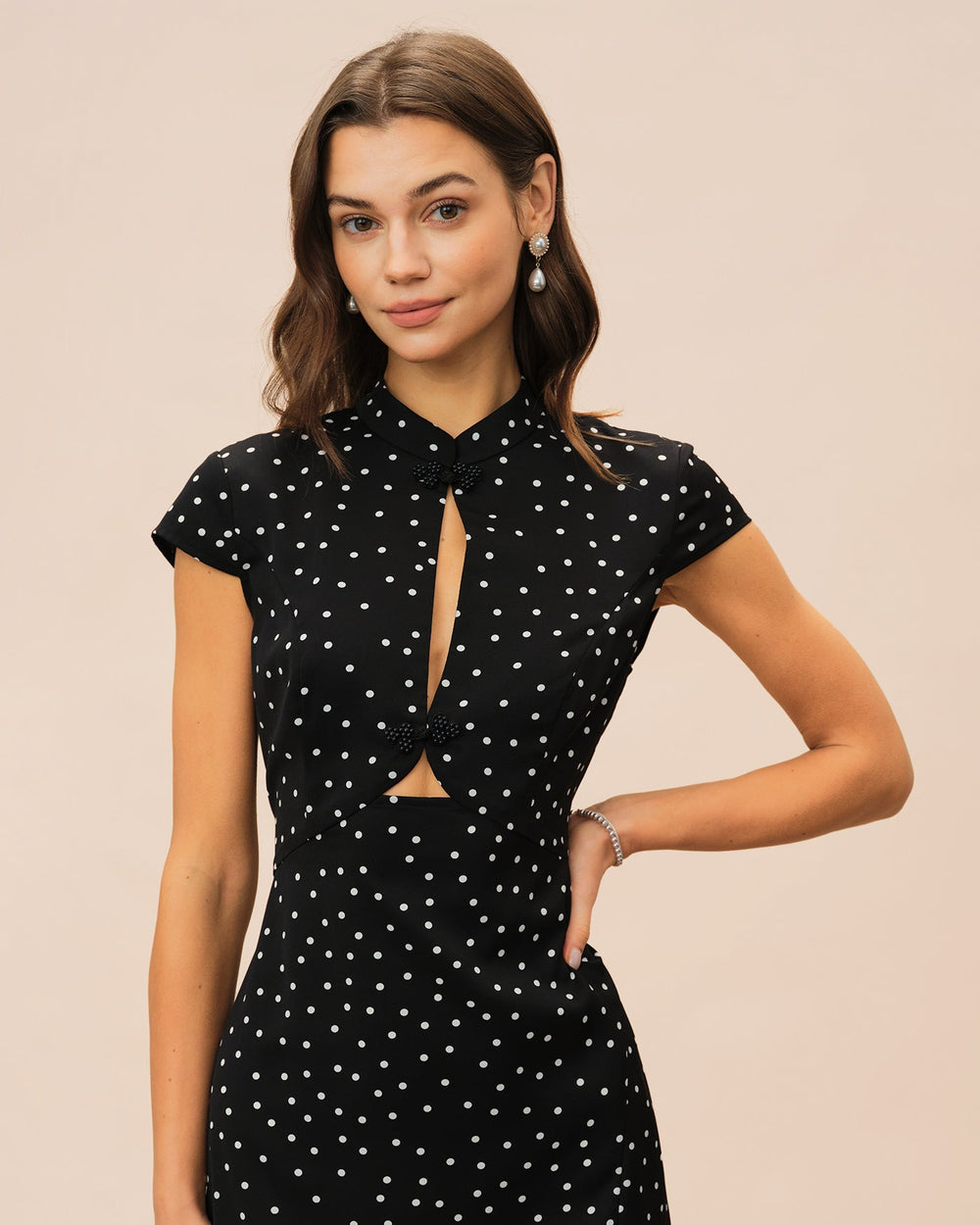 Black Mandarin Collar Polka Dot Midi Dress | Rihoas