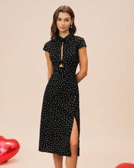 Black Mandarin Collar Polka Dot Midi Dress | Rihoas