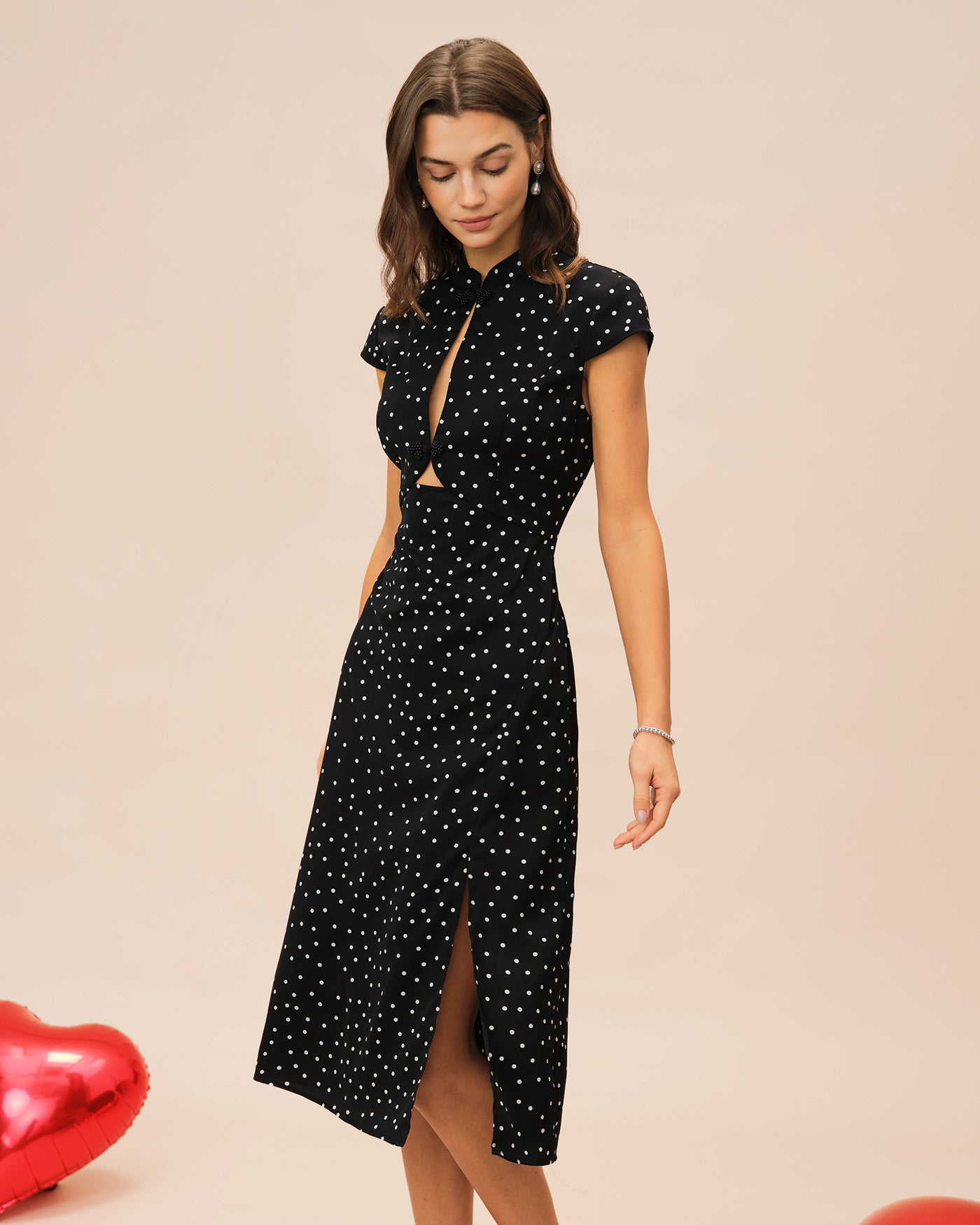 Black Mandarin Collar Polka Dot Midi Dress | Rihoas
