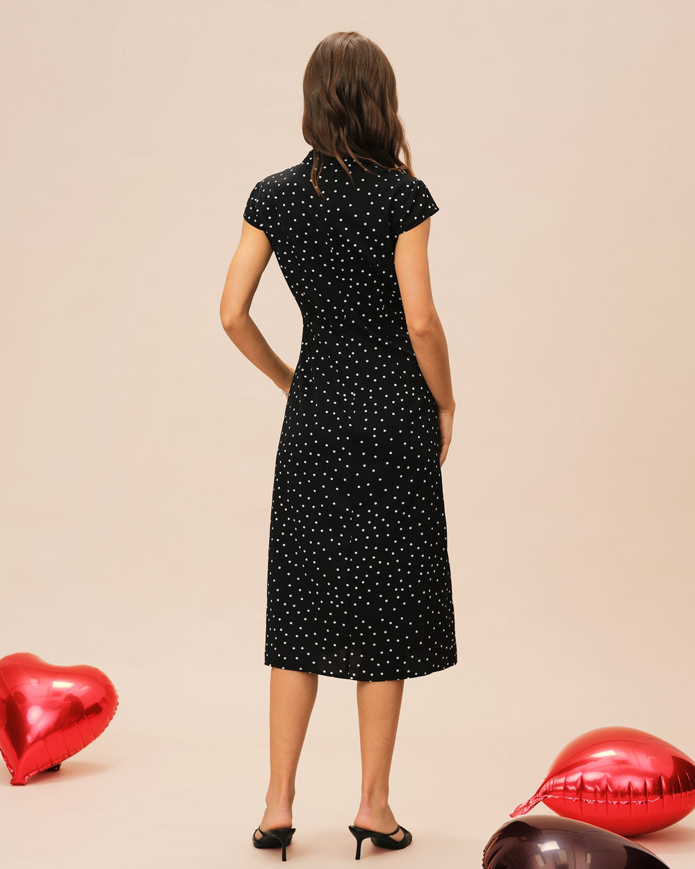 Black Mandarin Collar Polka Dot Midi Dress | Rihoas
